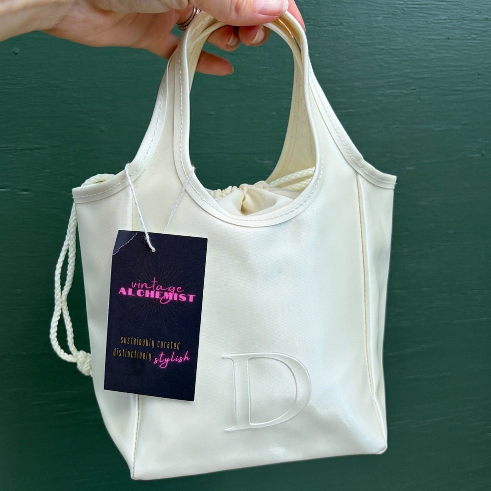 Dior Parfums Vintage Off White Mini Tote Handbag Cinch Top Logo Designer Cute